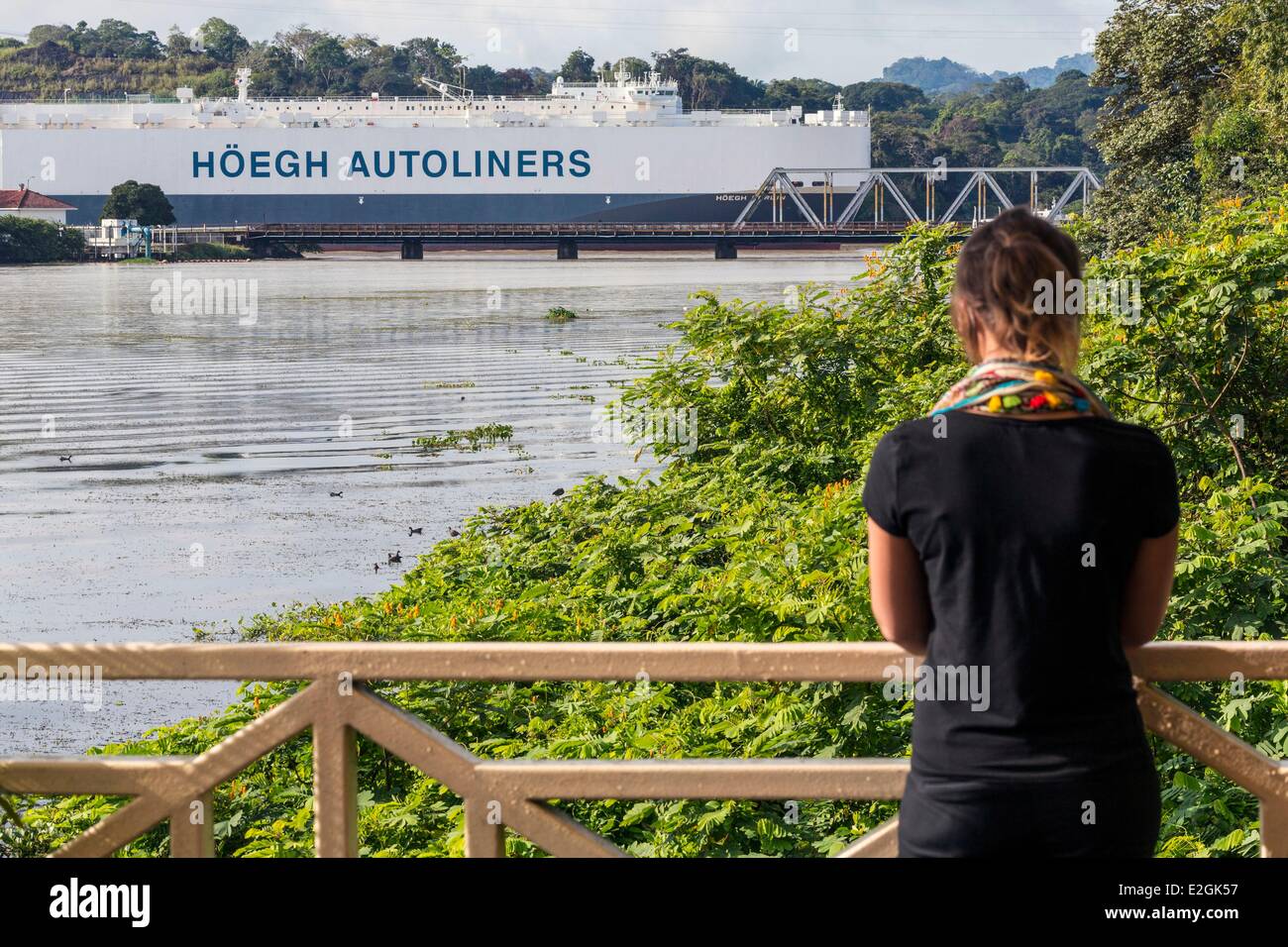 Panama Gamboa roll-on/roll-off Hoegh Autoliners specialized in transport of vehicles on Panama Canal at Gatun Lake and mouth of Chagres River and along railway put into operation in 1855 and managed by Panama Panama Canal Railway Company Stock Photo