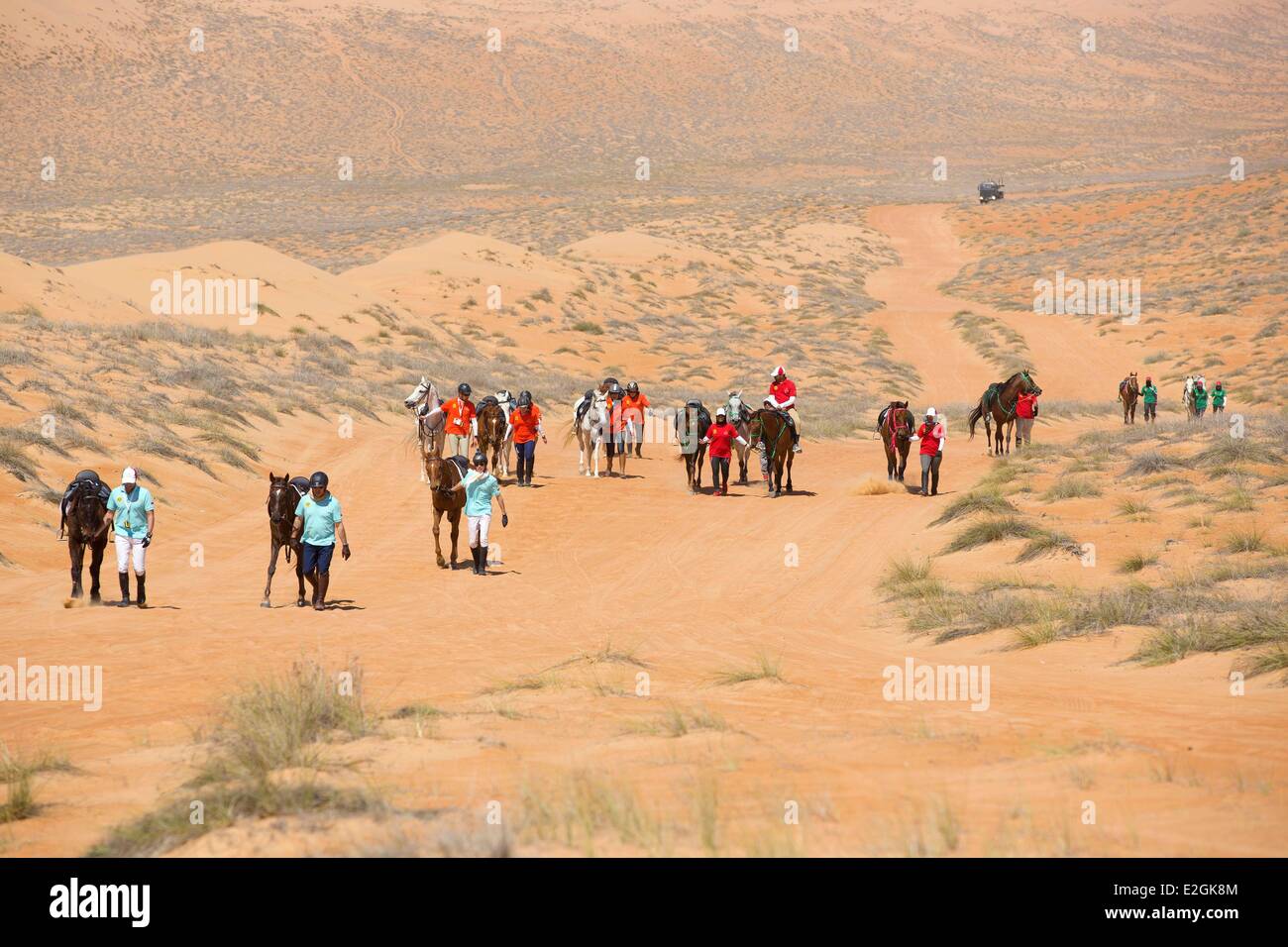 Sultanate of Oman Ash Sharqiyyah region Wahiba desert equestrian adventure Gallops of Oman first stage raid between Al Rakah and Tawi Wareed Stock Photo
