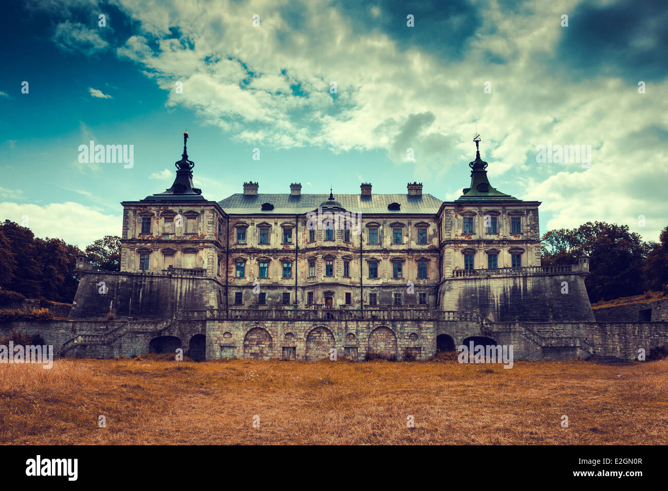Old stylized Pidhirtsi Castle, village Podgortsy, Renaissance Palace, front view, Lviv region, Ukraine Stock Photo
