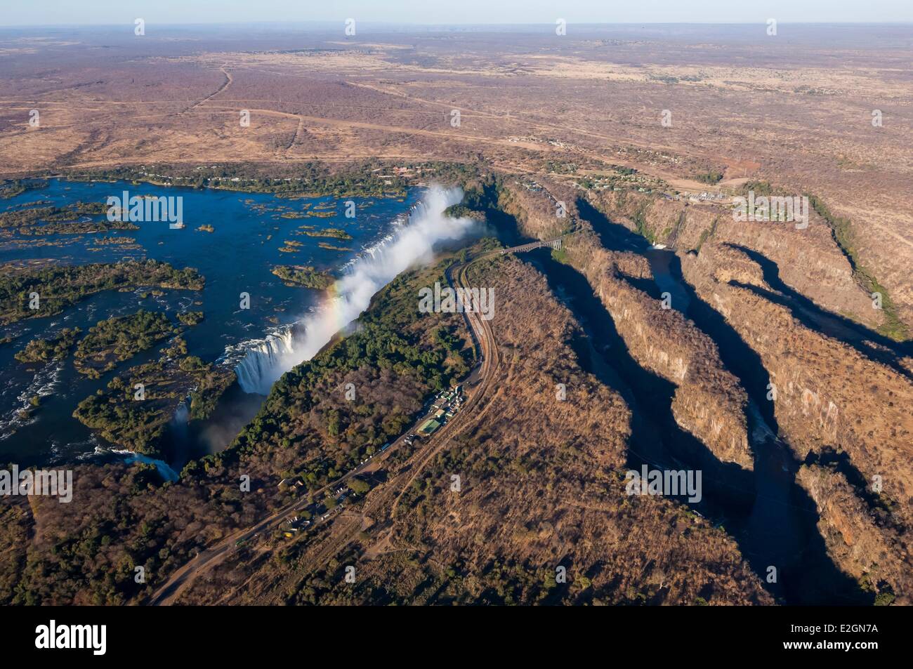 Zimbabwe Matabeleland North Province Victoria Falls or Mosi Oa Tunya listed as World heritage by UNESCO helicopter flight over falls Stock Photo