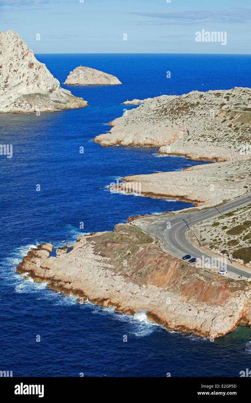 France Bouches du Rhone National Park of Calanques Marseille 2013 European capital of culture Gouda Cap Croisette bay and Monkey island of Tiboulen Maire ??in background Stock Photo