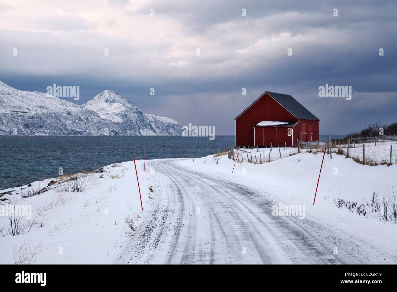 Norway Troms rorbuer fishing house in Uloya island Lyngen Alps Stock Photo