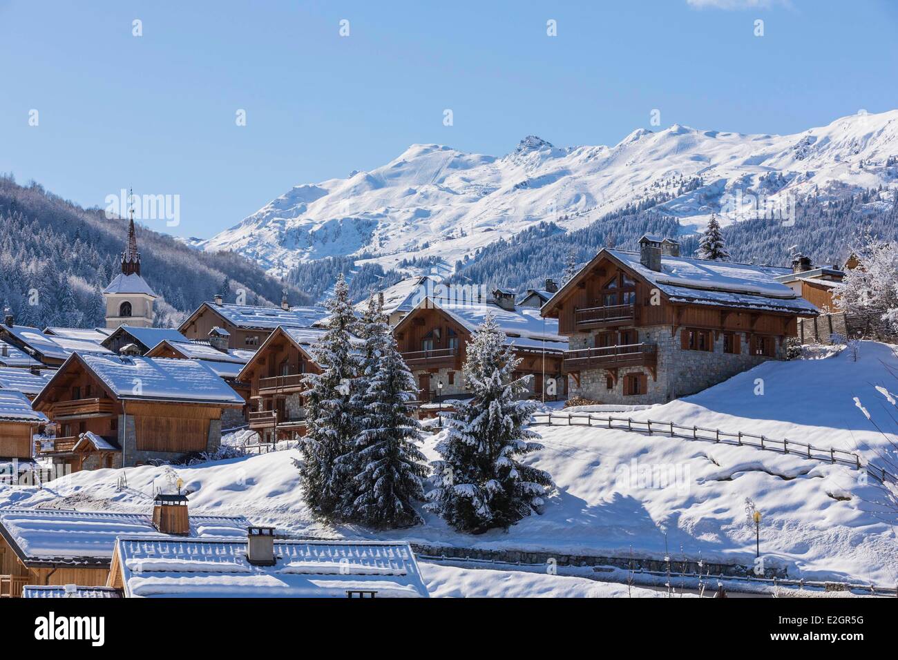 France Savoie Tarentaise valley Les Allues Meribel is one of largest ski resort village in France in heart of Les Trois Vallees (The Three Valleys) one of biggest ski areas in world (600km of marked trails) on western part of Massif de la Vanoise Stock Photo