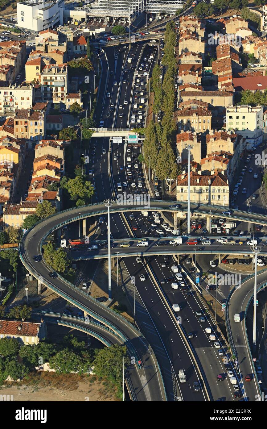 France Bouches du Rhone Marseille European capital of culture 2013 Capelette boulevard Jean Moulin and entrance to A50 (aerial view) highway Stock Photo