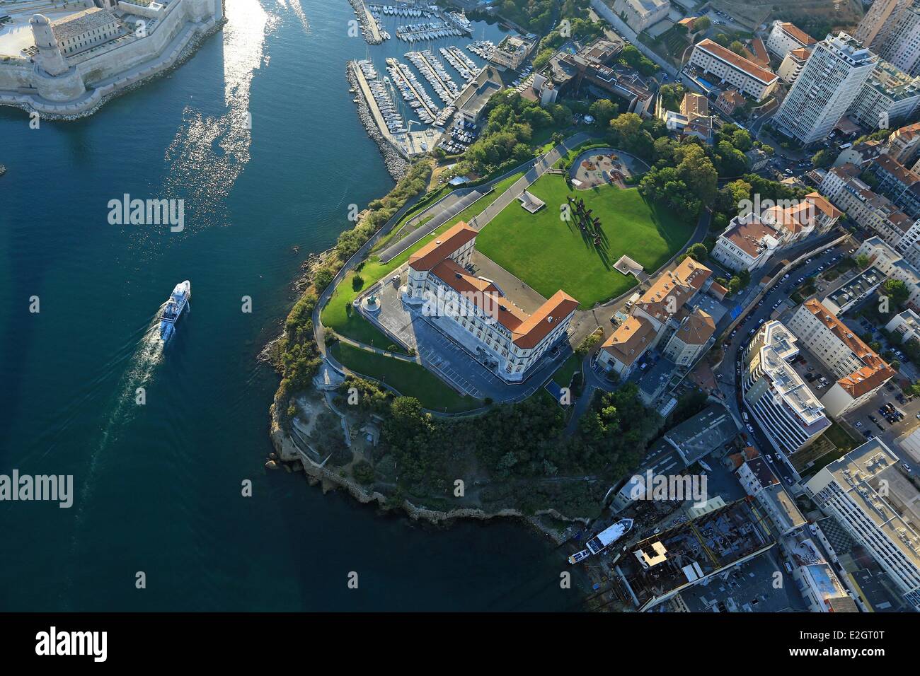 France Bouches du Rhone Marseille European capital of culture 2013 Pharo Pharo Palace and entrance to Vieux Port (aerial view) Stock Photo