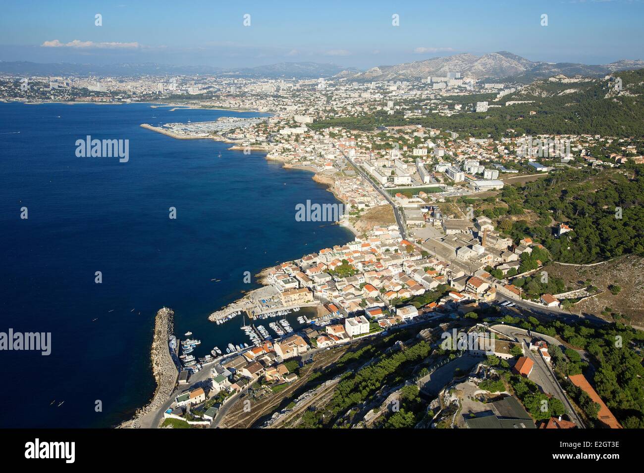 France Bouches du Rhone Marseille European capital of culture 2013 8th district Montredon district port of La Madrague Port of La Pointe Rouge in background (aerial view) Stock Photo