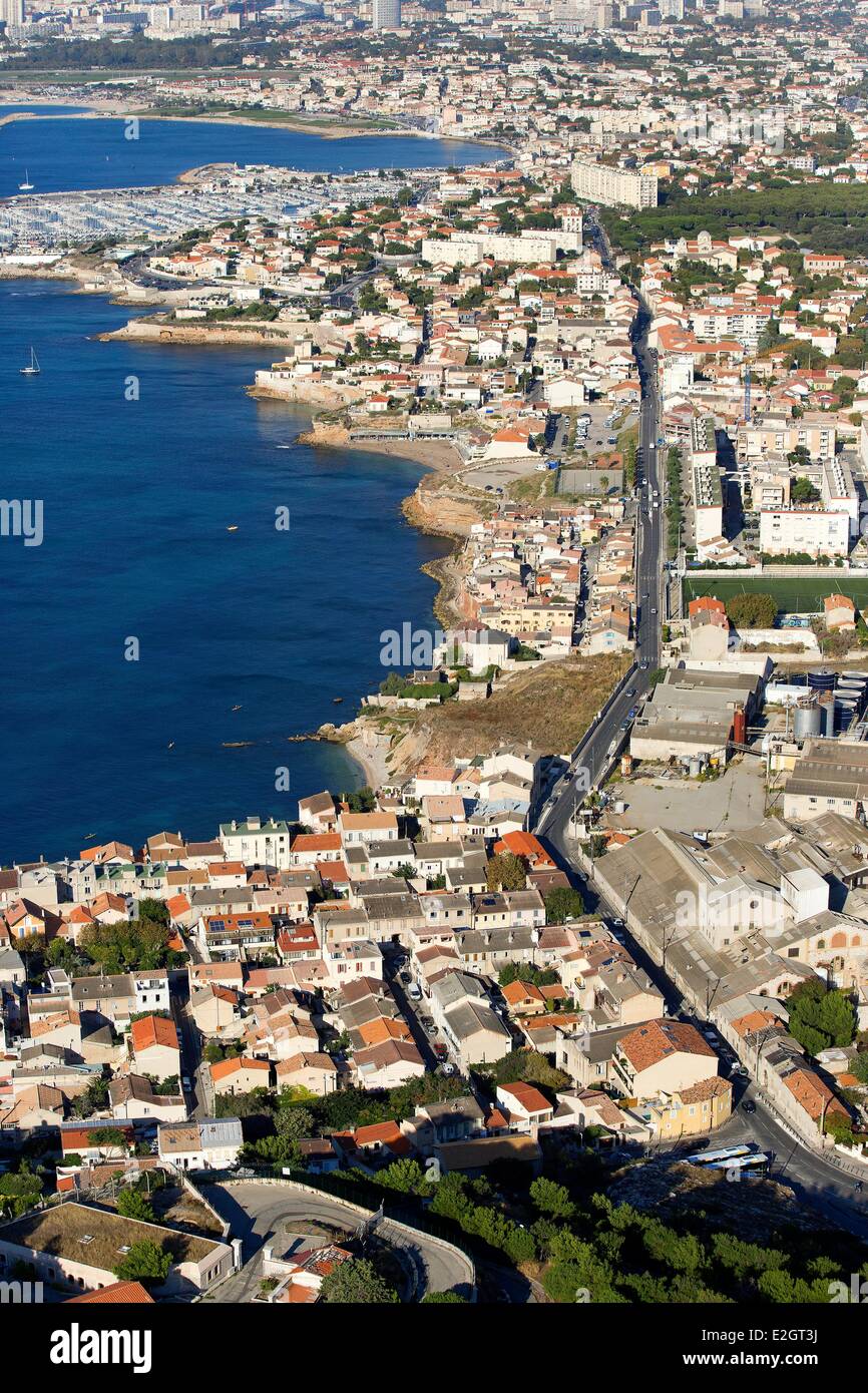 France Bouches du Rhone Marseille European capital of culture 2013 Montredon beach Madrague range of glassware handle Bain des Dames Port of La Pointe Rouge and handle Old Chapel in background (aerial view) Stock Photo