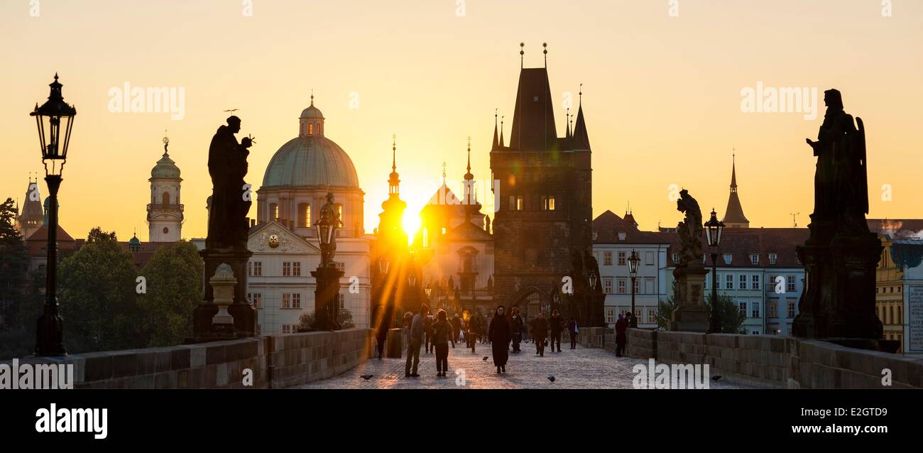 Czech Republic Prague historical centre listed as World Heritage by UNESCO Charles Bridge and spires of Old Town at sunrise Stock Photo