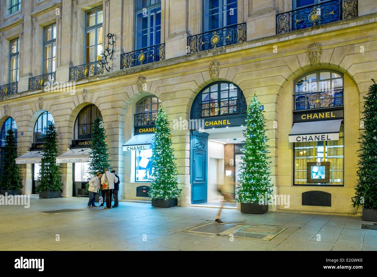 The closed luxury store Chanel at Place Vendome decorated with