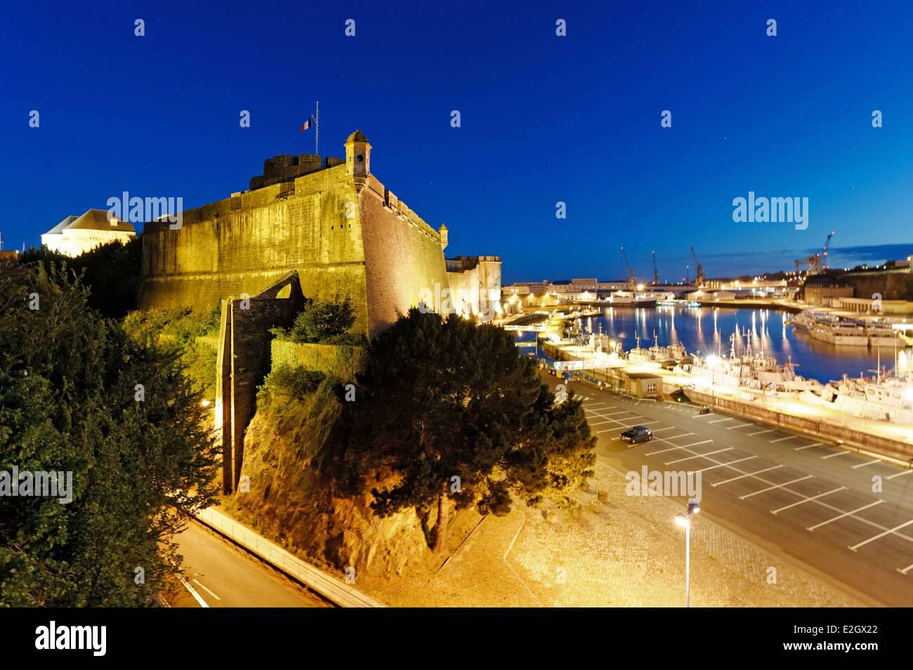 France Finistere Brest castle (naval museum) dominates Penfeld and warships in Arsenal Stock Photo