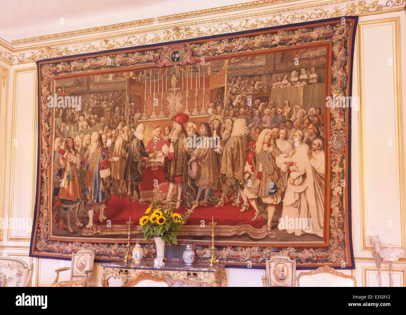 France Paris Rue de Grenelle Hotel de Besenval 18th century Mansion Swiss Ambassy headquarters tapestry room tapestry depicting renewal of French and Swiss alliance in 1663 Stock Photo