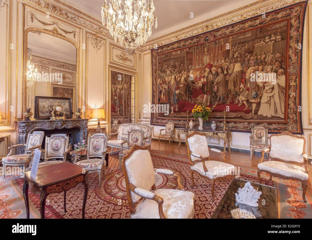 France Paris Rue de Grenelle Hotel de Besenval 18th century Mansion Swiss Ambassy headquarters tapestry room tapestry depicting renewal of French and Swiss alliance in 1663 Stock Photo