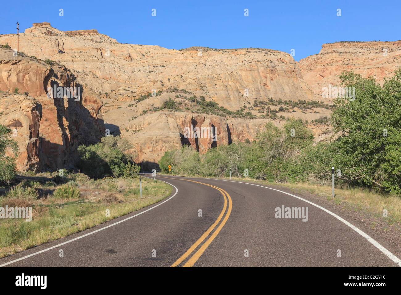 United States Utah Colorado Plateau Capitol Reef National Park colorful cliffs of Capitol Reef along Utah State Road 24 scenic byway Stock Photo