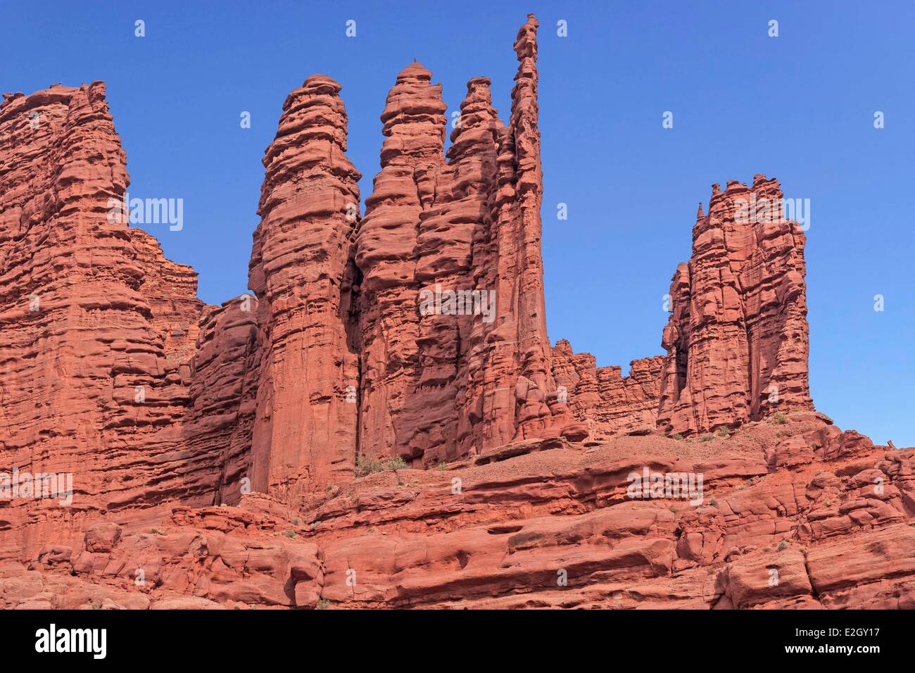 United States Utah Colorado Plateau Fisher Towers rock formations near Moab Stock Photo