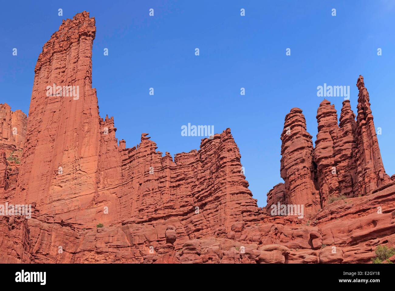 United States Utah Colorado Plateau Fisher Towers rock formations near Moab Stock Photo