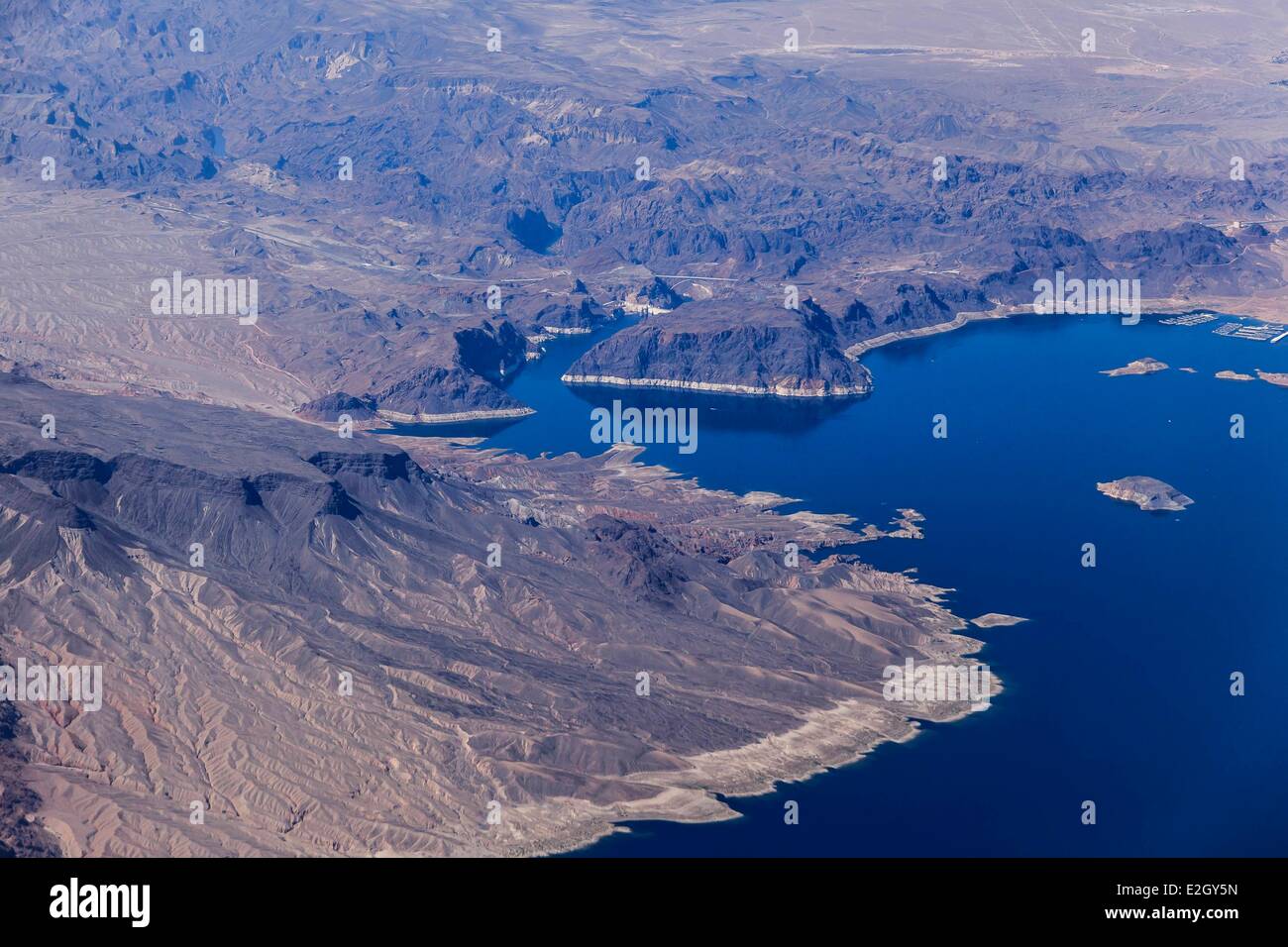 United States Nevada Lake Mead east of Las Vegas with Hoover Dam in background (aerial view) Stock Photo