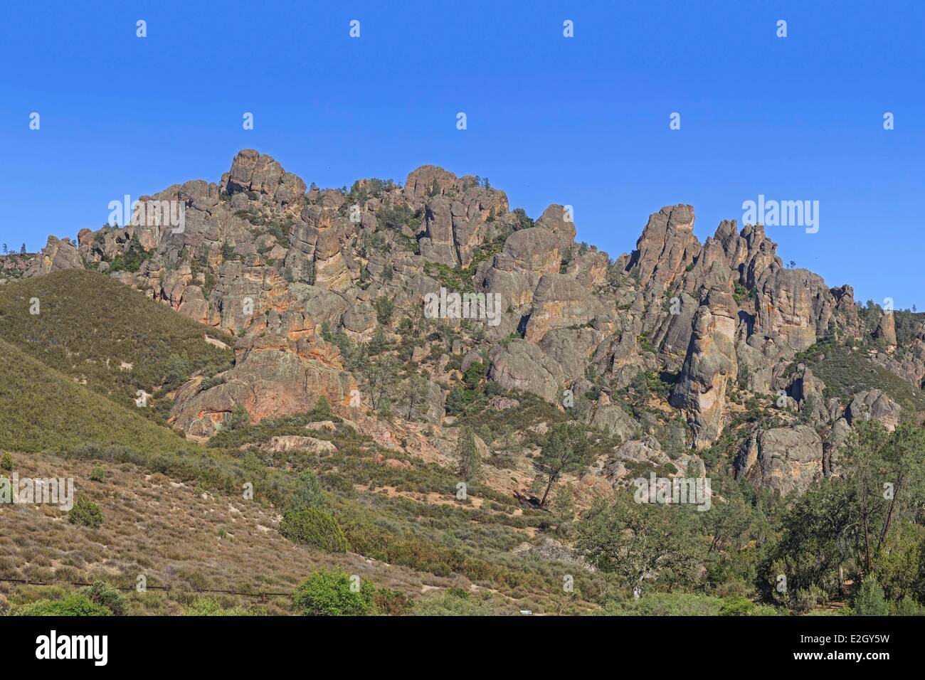 United States California California Pacific Coast Ranges Pinnacles National Park near San Andreas Fault west side eroded volcanic rock formations in high peaks area that are leftovers of western half of an extinct volcano Stock Photo