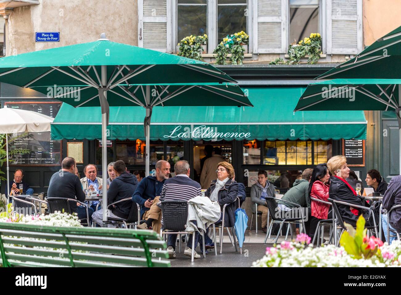 Switzerland Geneva Place du Bourg de Four terrace cafe La Clemenza Stock  Photo - Alamy