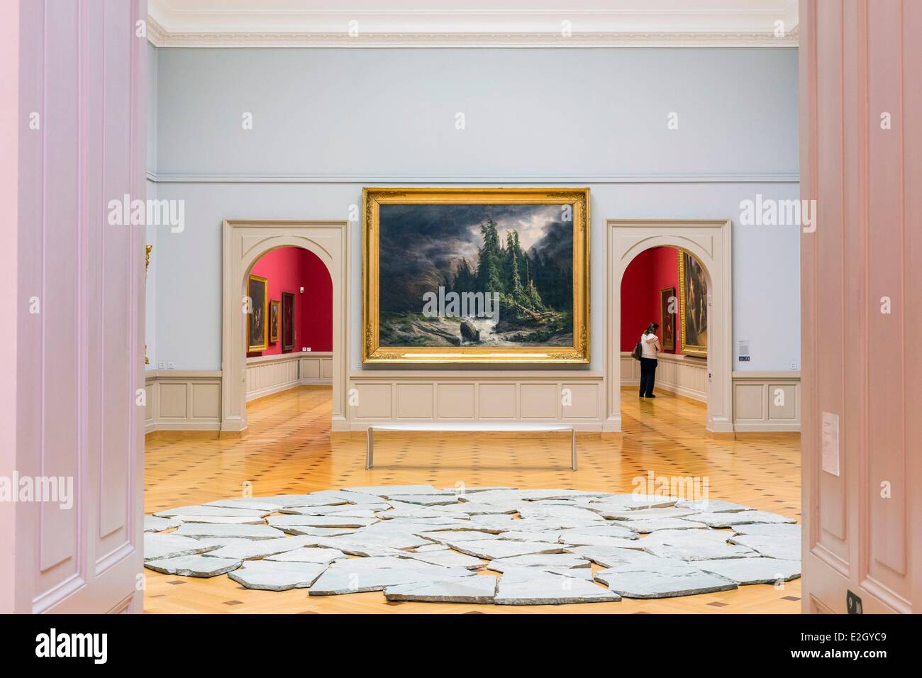 Switzerland Geneva art and history museum opened in 1910 ground work of English artist Richard Long entitled Geneva Circle One (1987) and Alexandre Calame table named storm to Handeck (1839) Stock Photo