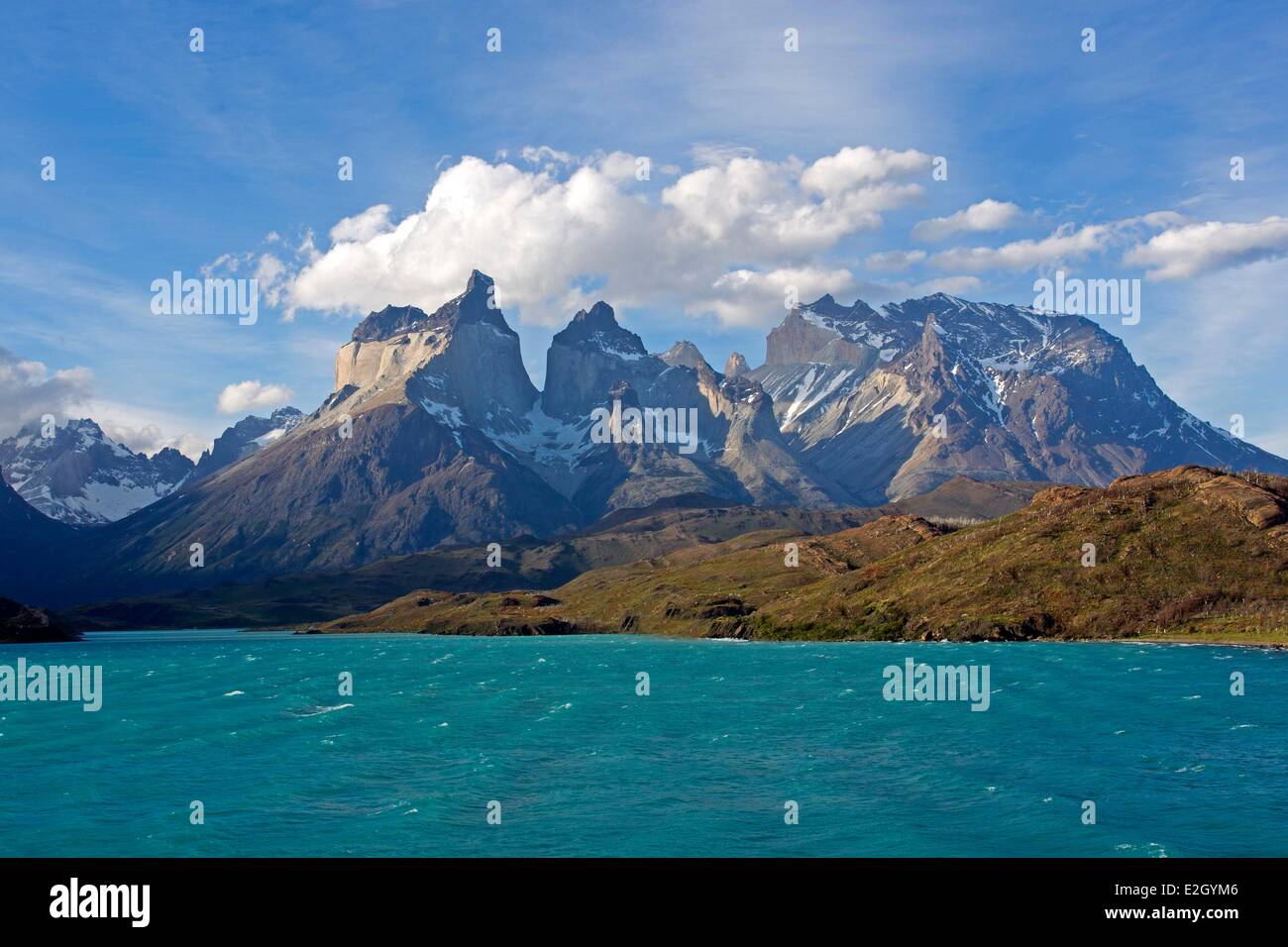 Chile Patagonia Magellan Region Torres del Paine National Park horns of Torres del Paine lake Pehoe in front Stock Photo