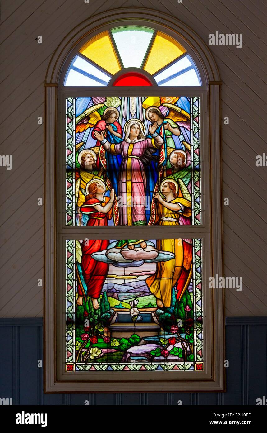Canada Quebec province Centre du Quebec region Drummondville Village Quebecois d'Antan ancient village (1810-1930) restored with real old buildings Saint Frederic chapel stained glass Stock Photo