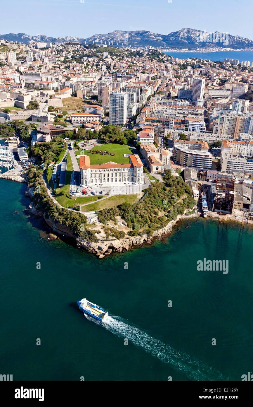 France Bouches du Rhone Marseille European capital of culture 2013 7 th and 1st and 2nd district Pointe du Pharo district of Catalans Palais du Pharo Vieux Port (Old Harbour) (aerial view) Stock Photo