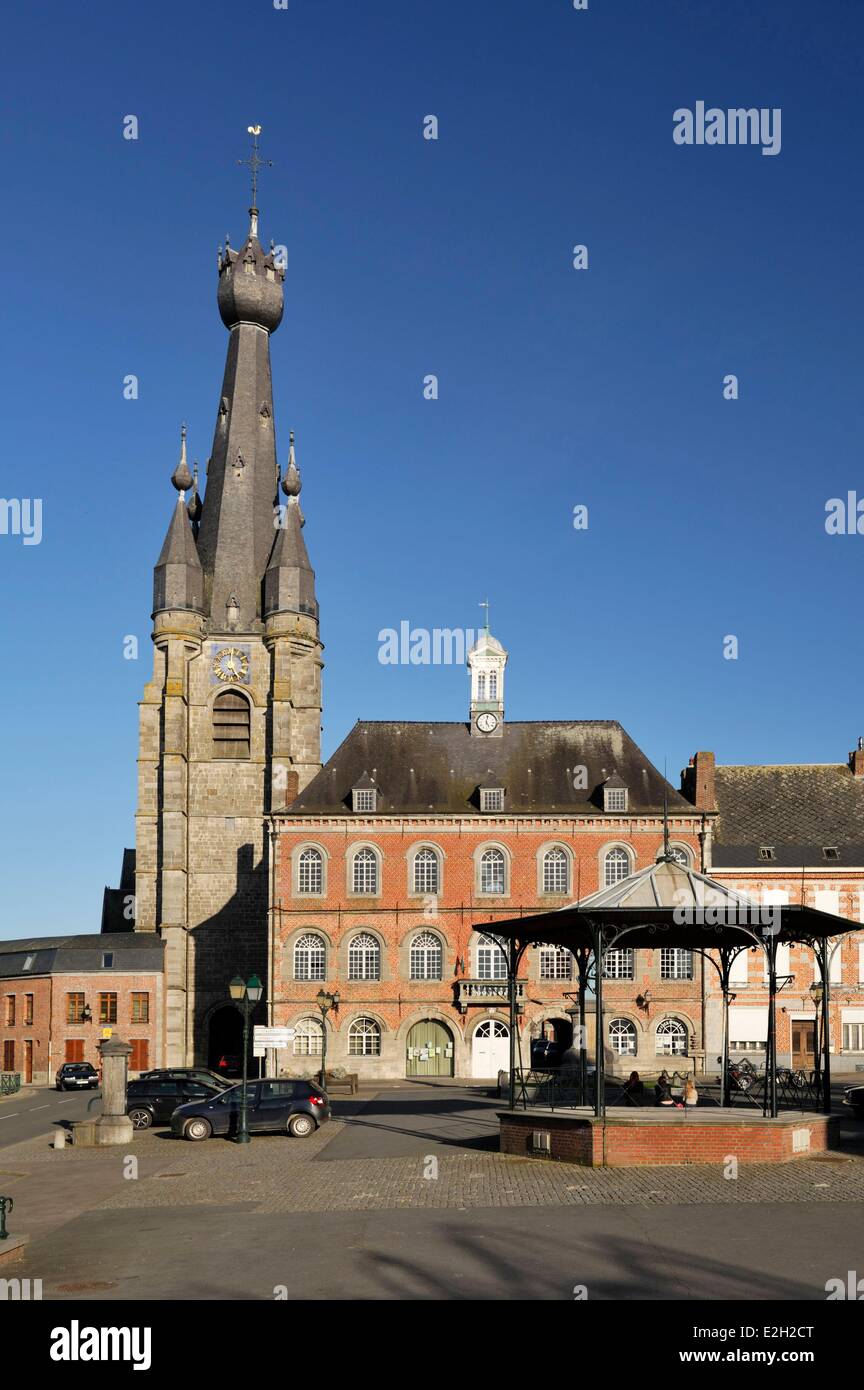 France Nord Solre le Chateau Grand Place Saint Pierre Saint Paul's church with its characteristic leaning bell tower Stock Photo