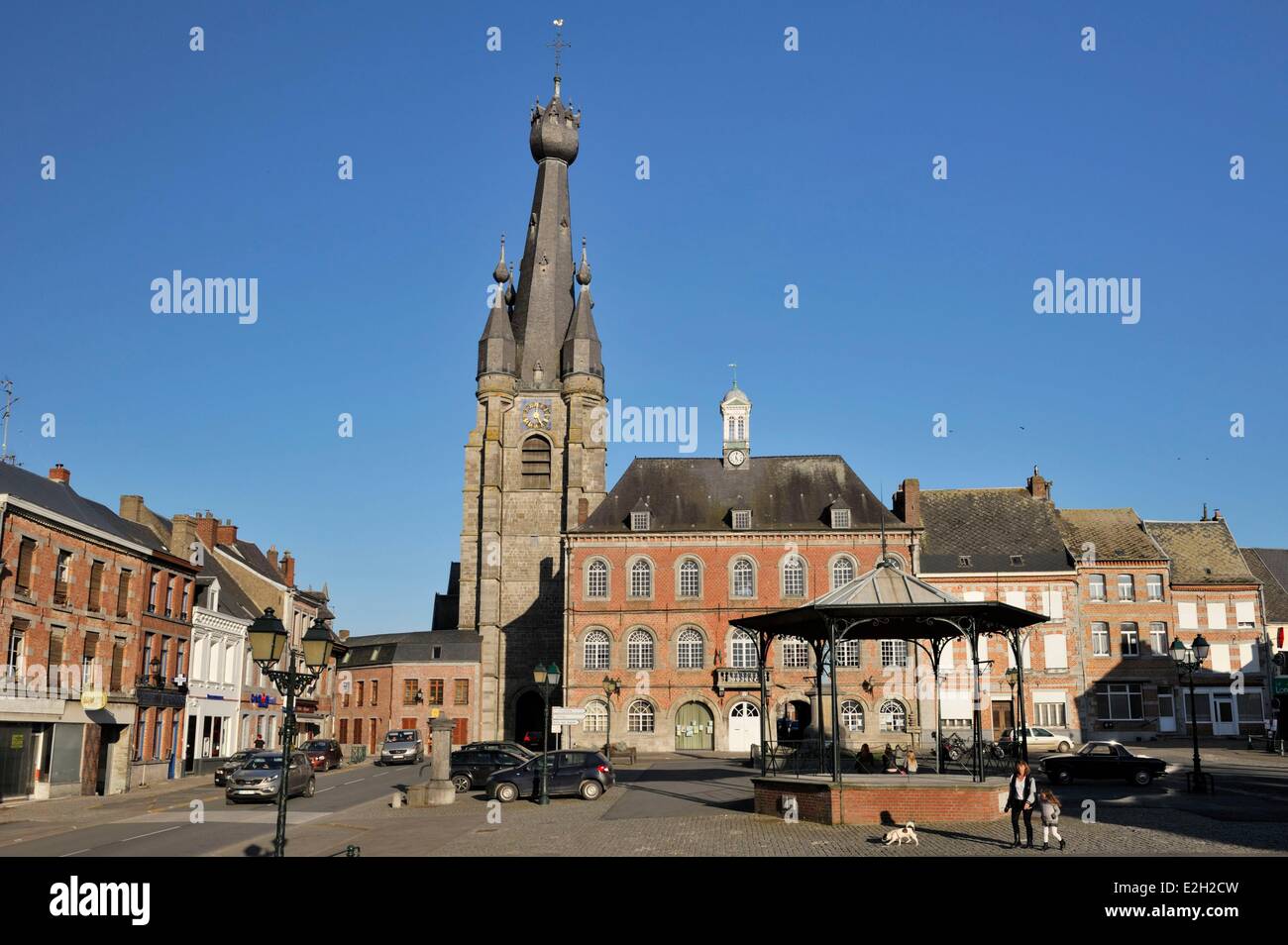 France Nord Solre le Chateau Grand Place Saint Pierre Saint Paul's church with its characteristic leaning bell tower Stock Photo