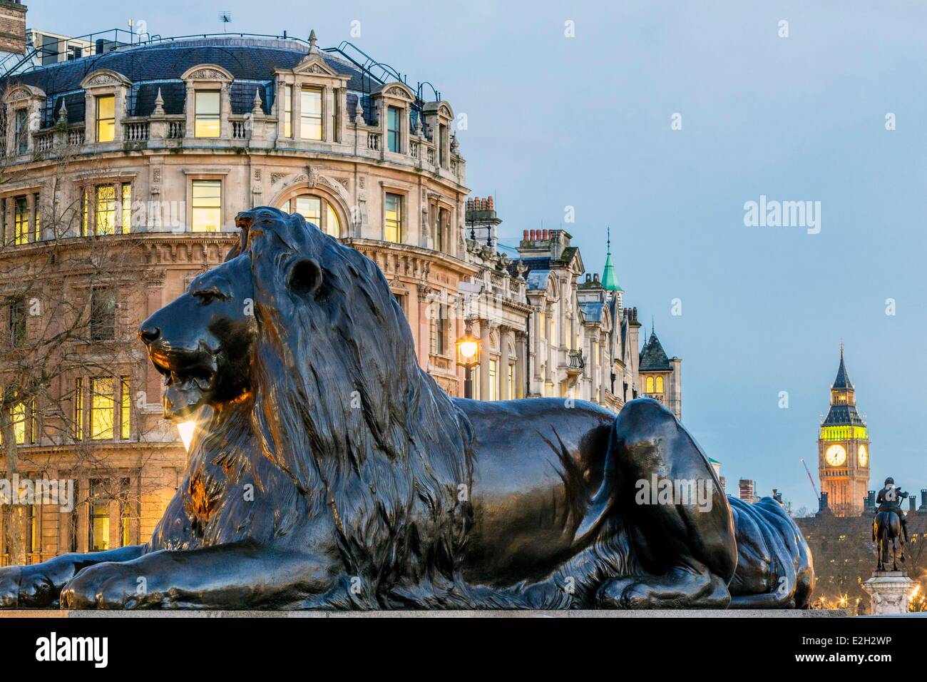United Kingdom London Westminster Trafalgar Square lion sculpted by Sir Edwin Landseer (1867) at foot of column of Admiral Nelson and bottom equestrian sculpture of Charles first and Clock Tower (Big Ben) Stock Photo