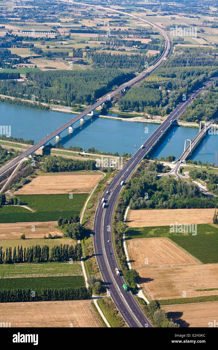 France Gard Roquemaure bridge of A9 and LGV line south east over Rhone (aerial view Stock Photo