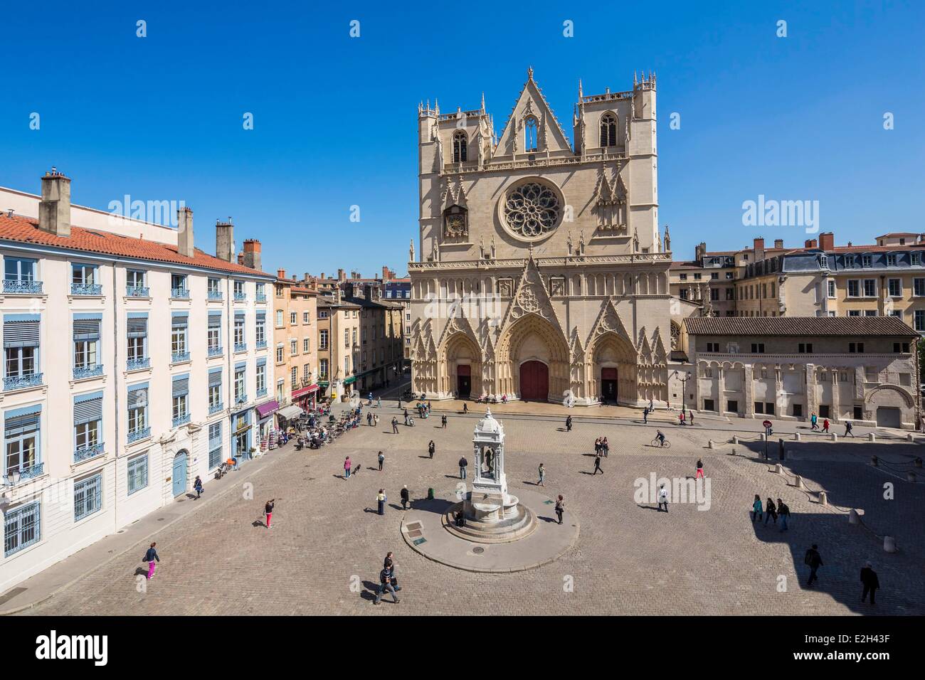 France Rhone Lyon historical site listed as World Heritage by UNESCO Vieux Lyon (Old Town) Saint Jean District fountain in Place St Jean Stock Photo