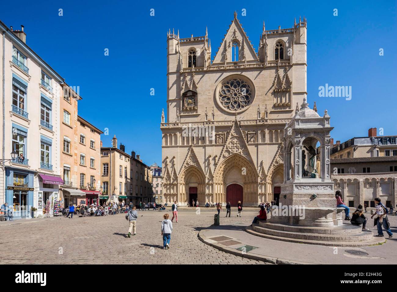 France Rhone Lyon historical site listed as World Heritage by UNESCO Vieux Lyon (Old Town) Saint Jean District fountain in Place St Jean Stock Photo