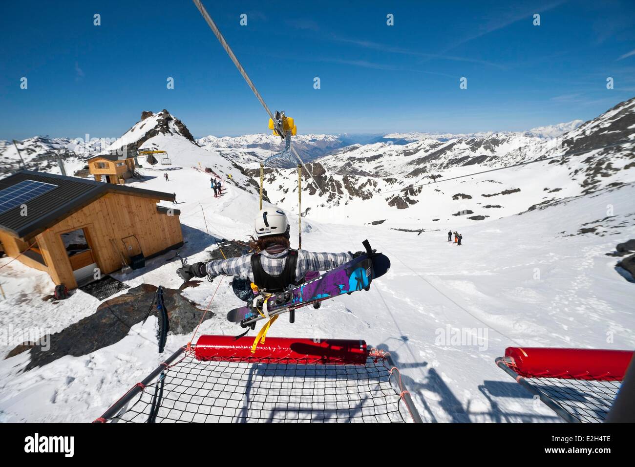France Savoie Orelle Val Thorens Three Valleys ski area world's highest zipline (1300m long and 250m high) departure is at 3250m altitude Stock Photo
