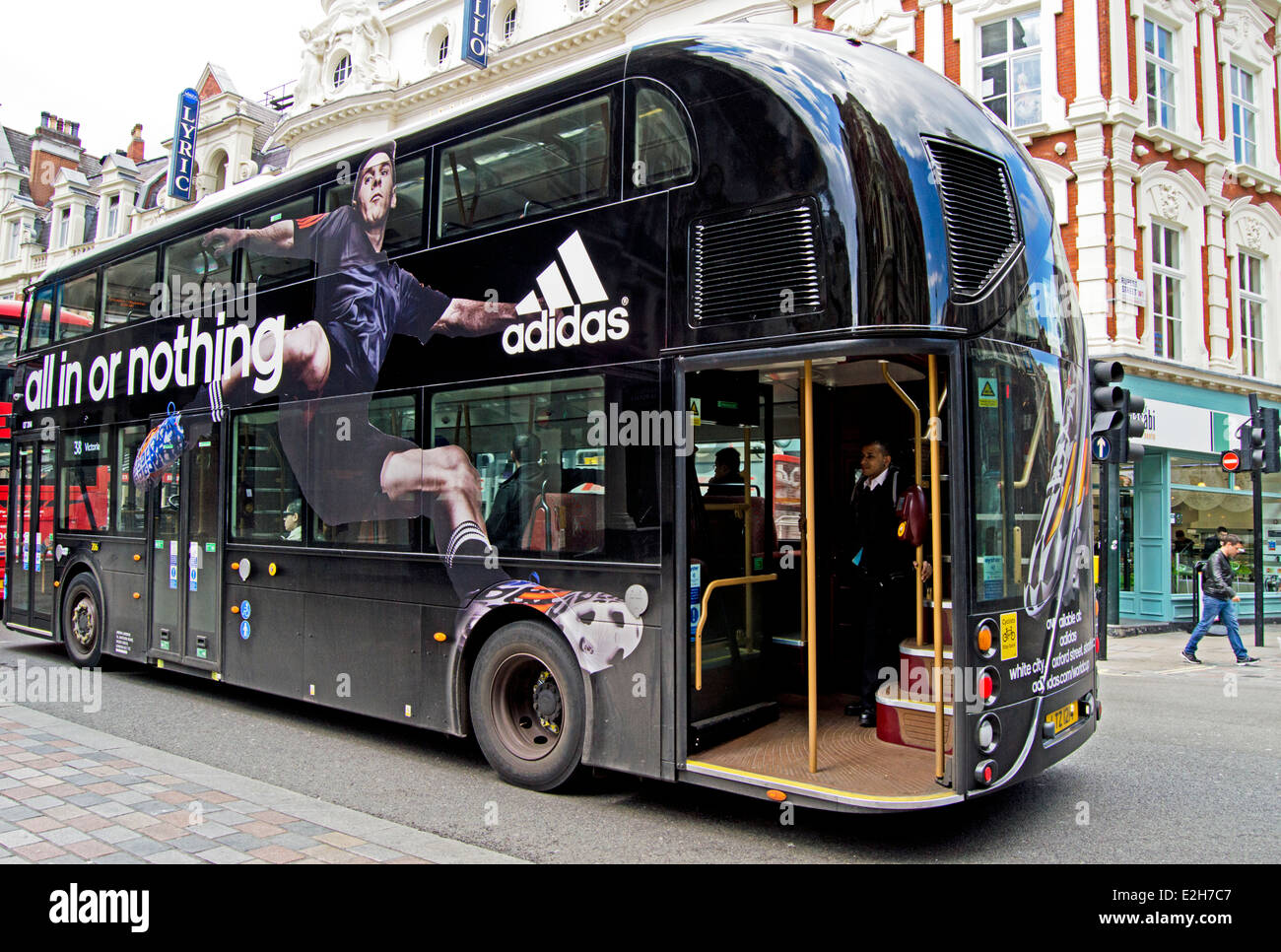 Adidas advertisement on the new Routemaster bus in Central London, England,  United Kingdom Stock Photo - Alamy