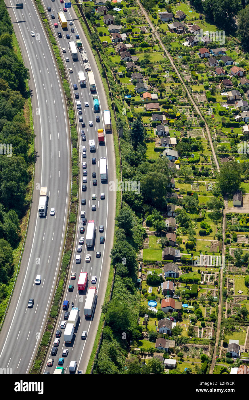 Traffic jam, in the aftermath of damage caused by a storm on 9 June 2014, aerial view, Duisburg, Ruhr Area Stock Photo