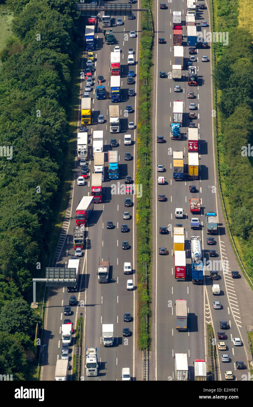 Traffic jam on the A2 motorway, aerial view, Recklinghausen, Ruhr Area, North Rhine-Westphalia, Germany Stock Photo