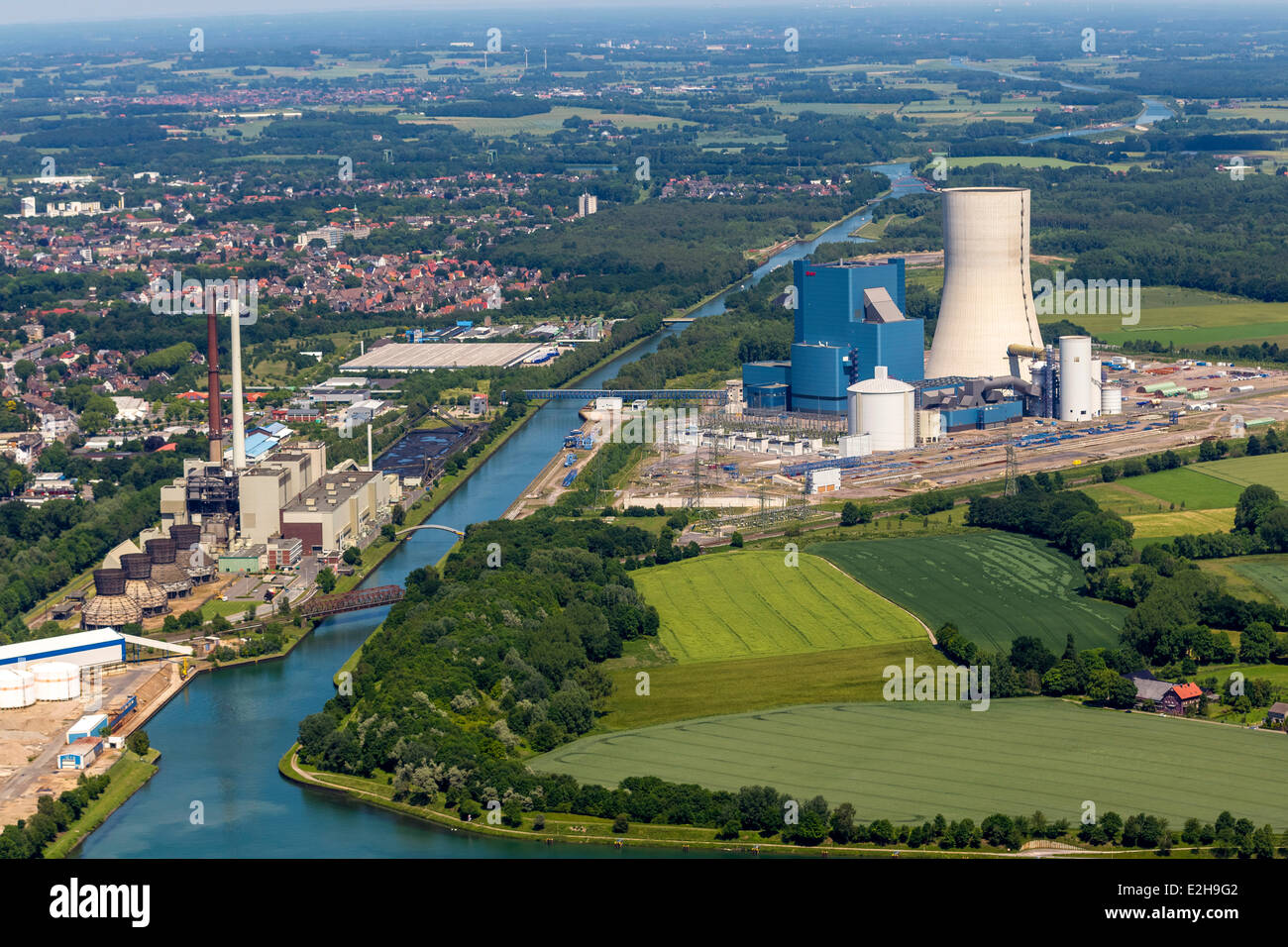 EON Datteln power plant under construction, building freeze, aerial view, Dortmund-Ems Canal, Datteln, Ruhr Area Stock Photo