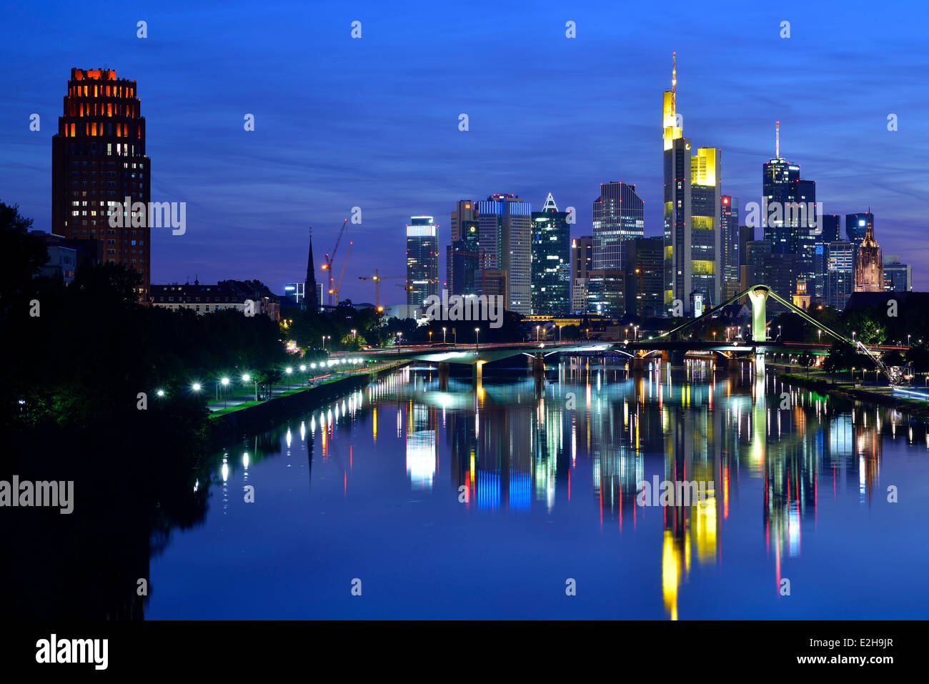 Skyline at night, Lindner Main Plaza Tower, TaunusTurm, Tower 185, Commerzbank, Messeturm, ECB, European Central Bank, Helaba Stock Photo