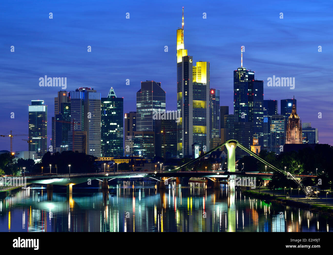 Skyline at night, TaunusTurm, Tower 185, Commerzbank, Messeturm, ECB, European Central Bank, Helaba, Landesbank Hessen Stock Photo