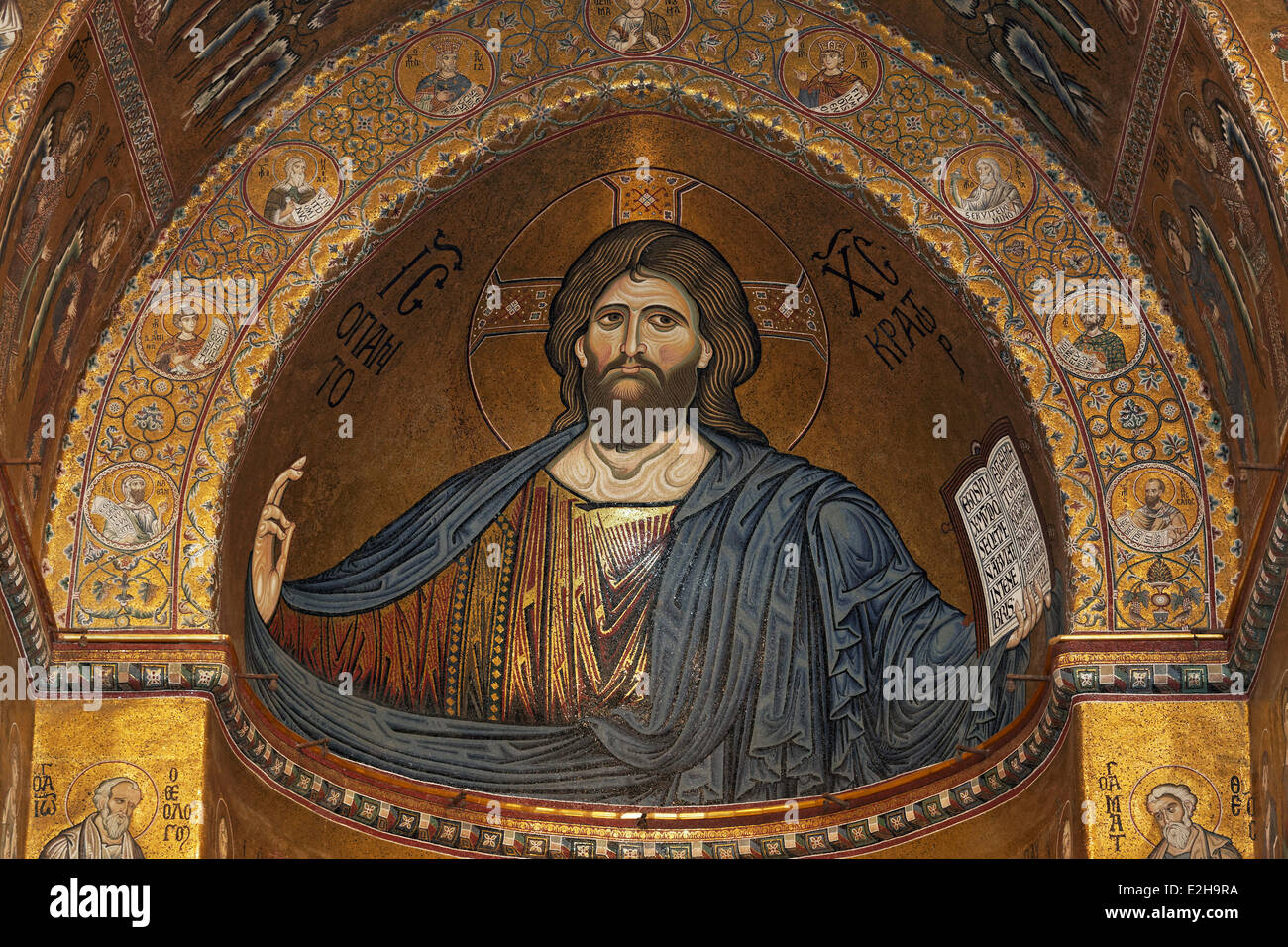 'Sustainer of the World' or Christ Pantocrator, Byzantine gold ground mosaics, Cathedral of Santa Maria Nuova Stock Photo