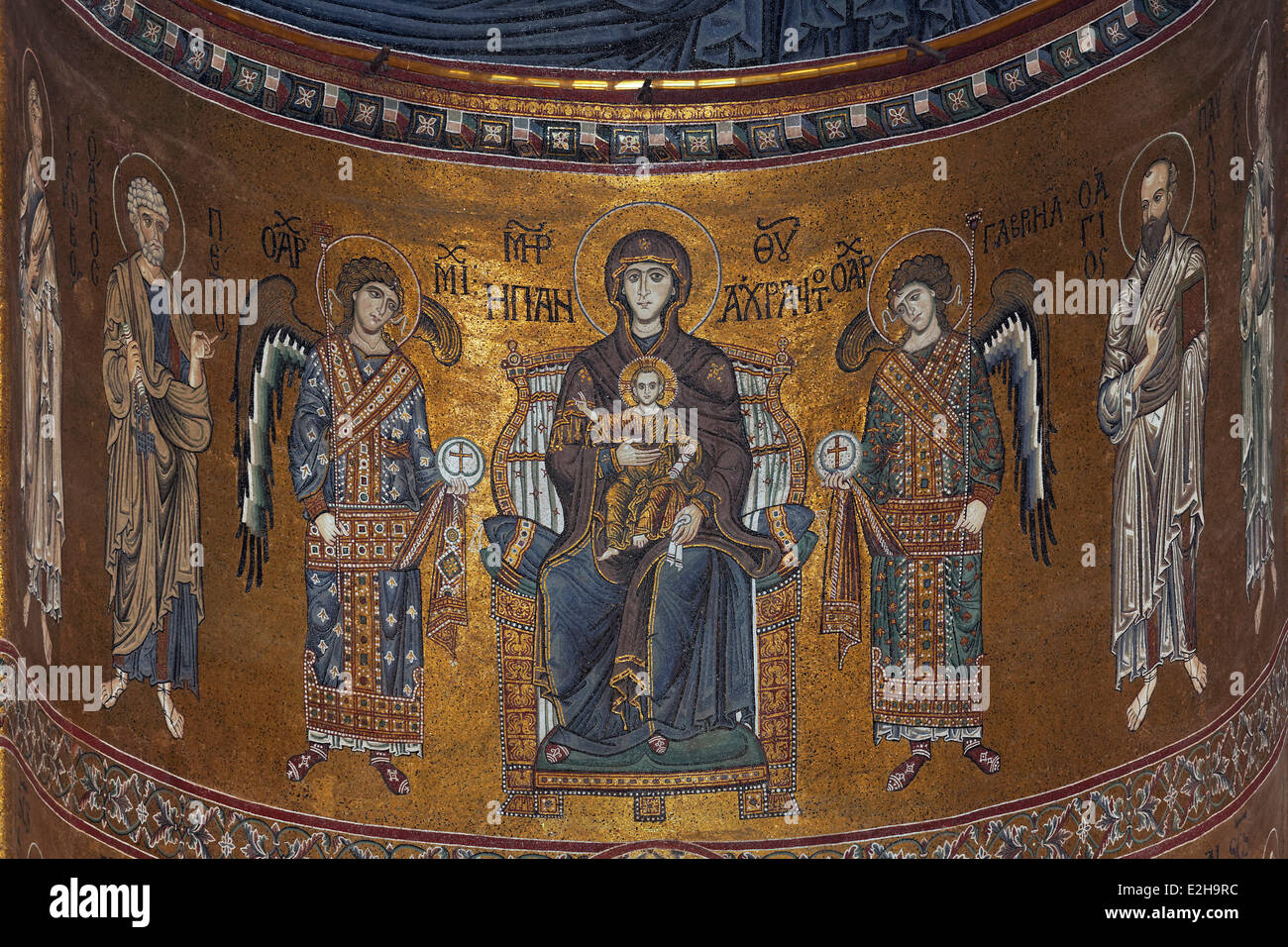 Mary with the Baby Jesus, Byzantine gold ground mosaics, Cathedral of Santa Maria Nuova, Monreale Cathedral, Monreale Stock Photo