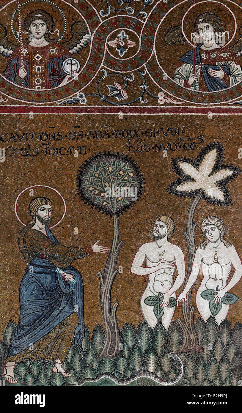 God speaking to Adam and Eve who are covered with a fig leaf, Byzantine gold ground mosaics, Cathedral of Santa Maria Nuova Stock Photo