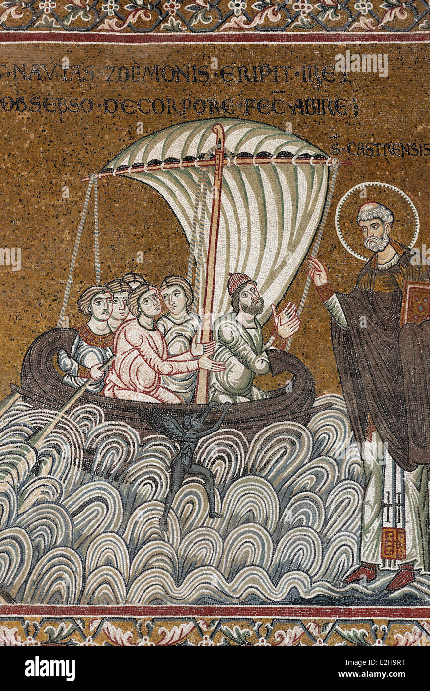 Jesus saving St. Peter on a boat in the sea, Byzantine gold ground mosaics, Cathedral of Santa Maria Nuova, Monreale Cathedral Stock Photo