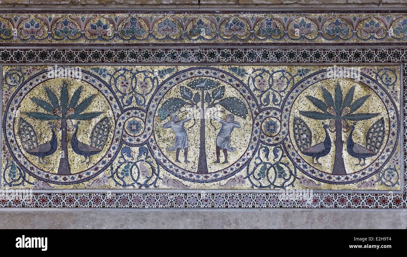 Byzantine mosaic with two Norman archers in the Norman castle of La Zisa, Zisa Castle, Palermo, Sicily, Italy Stock Photo