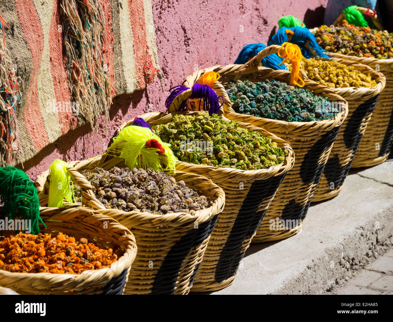 Spices are on sale in baskets, historic Medina, Marrakech, Marrakech-Tensift-El Haouz, Morocco Stock Photo