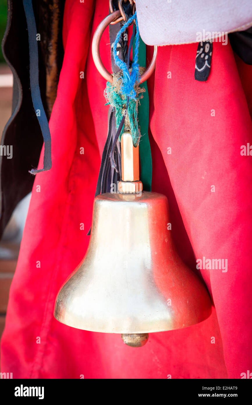 Detail of a hand bell used by a traditional water seller in Marrakesh, Morocco, North Africa. Stock Photo