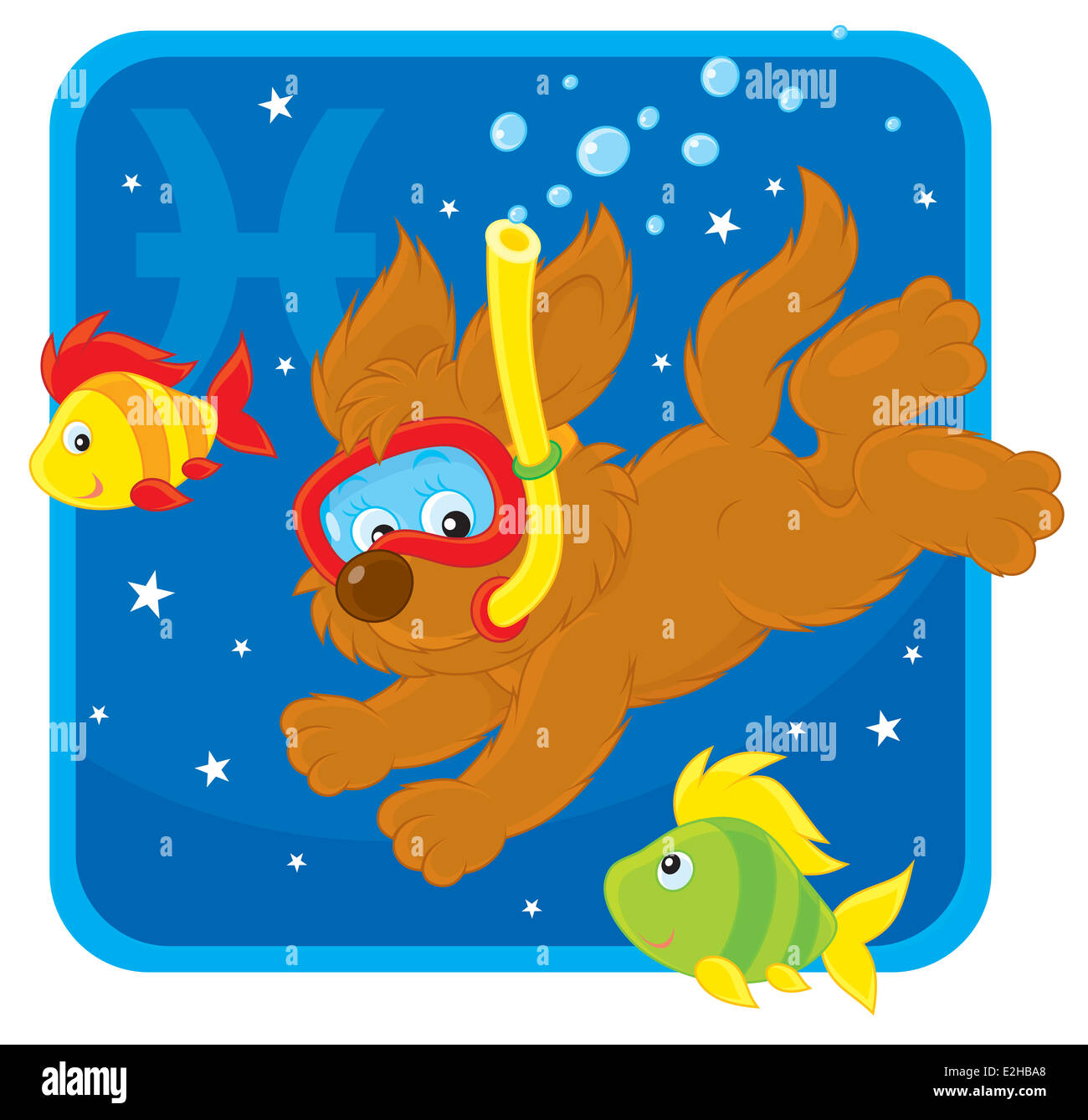 Zodiac sign of Pisces as a funny pup diving with colorful fishes Stock Photo