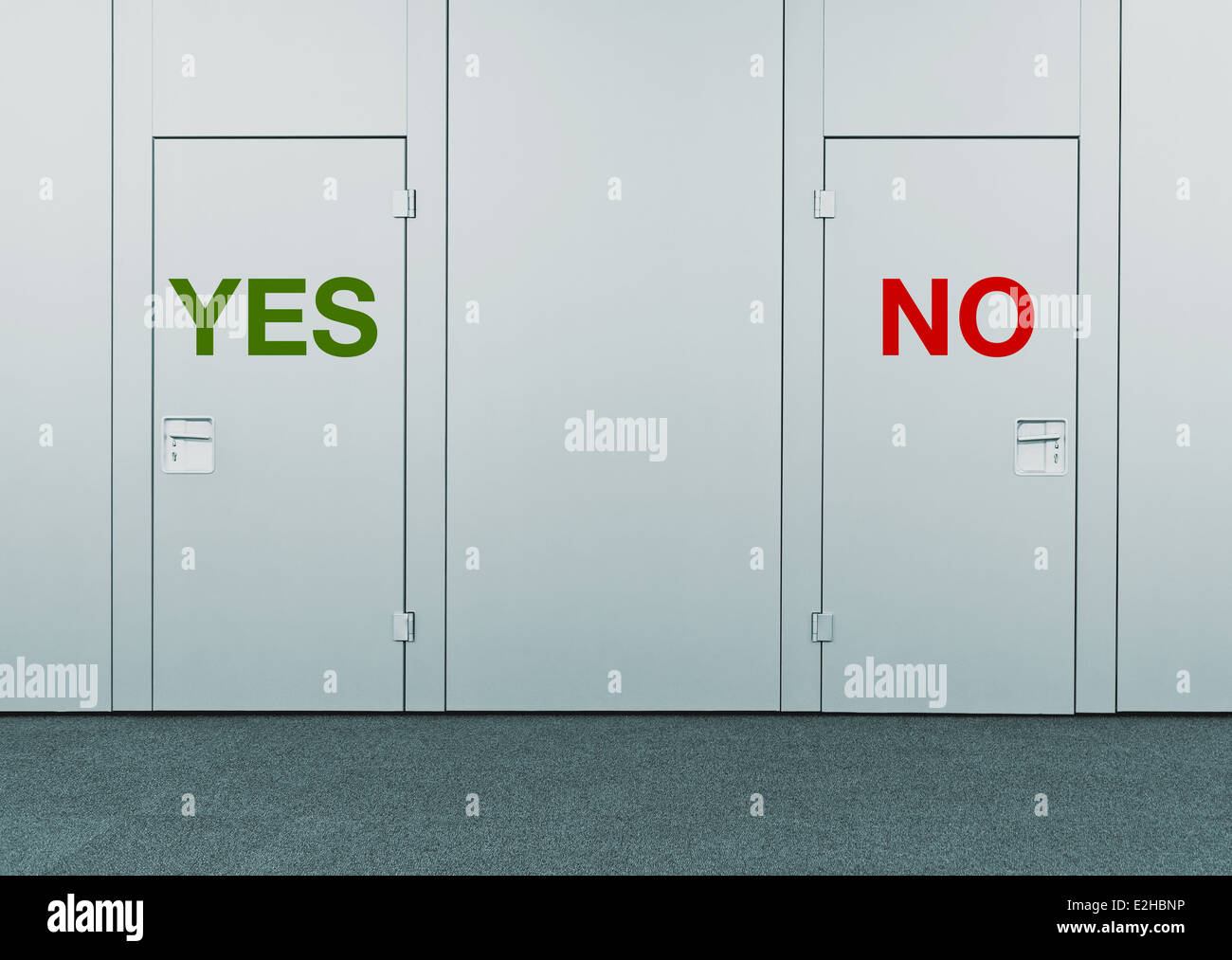 Yes or No, concept of choice. Closed doors with printed marks as