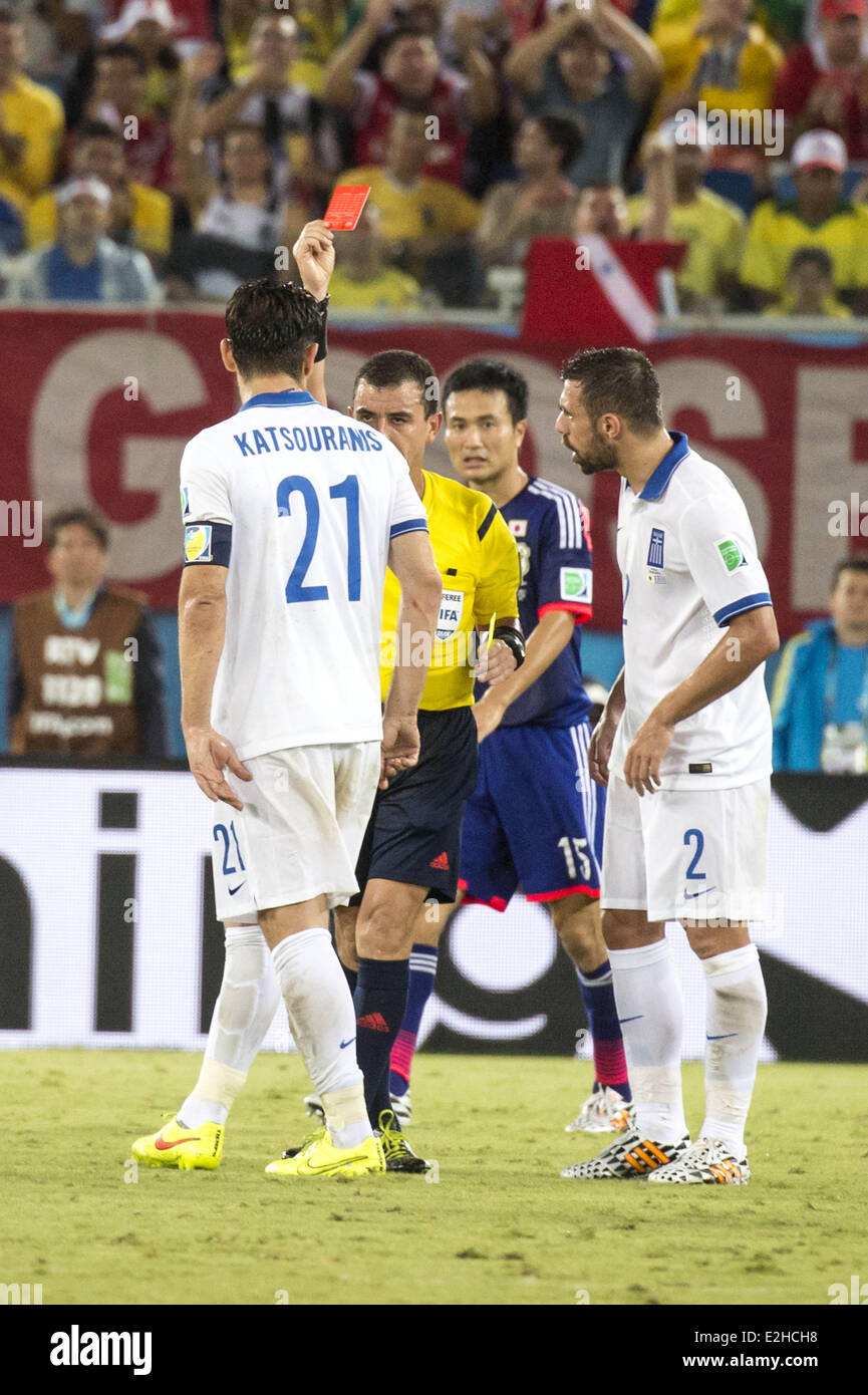 Kostas Katsouranis (GRE), JUNE 19, 2014 - Football / Soccer : Kostas Katsouranis (L) of Greece is shown a red card by referee Joel Aguilar during the FIFA World Cup Brazil 2014 Group C match between Japan 0-0 Greece at Estadio das Dunas in Natal, Brazil. (Photo by Maurizio Borsari/AFLO) Stock Photo