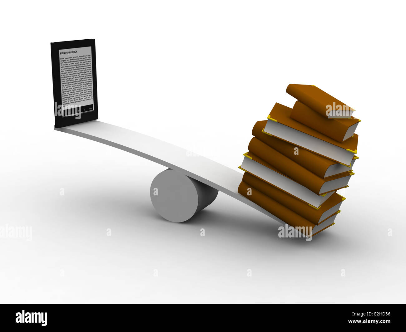 seesaw between many books and e-reader, 3d illustration Stock Photo